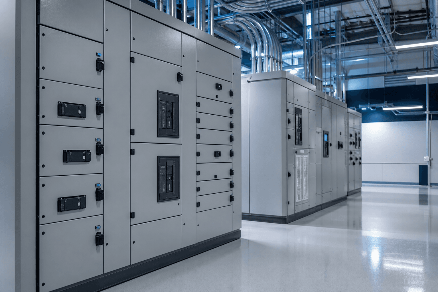 Commercial electrical room with organized switchgear panels