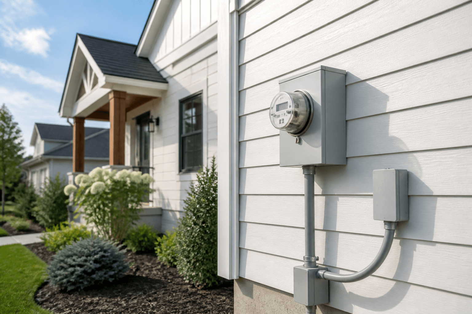 Residential electric meter mounted on a modern home