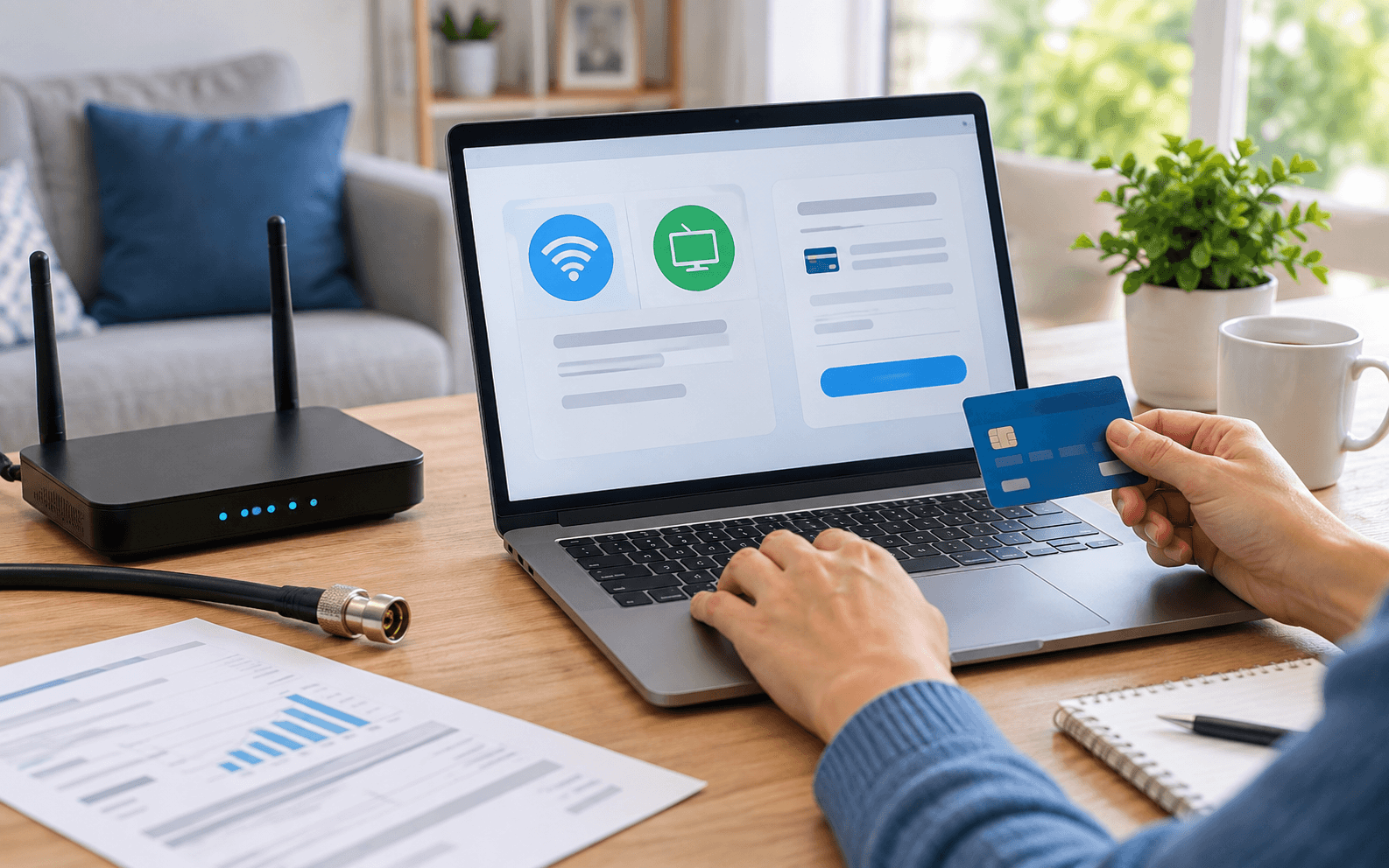 Wi-Fi router and laptop payment screen for internet and cable bills