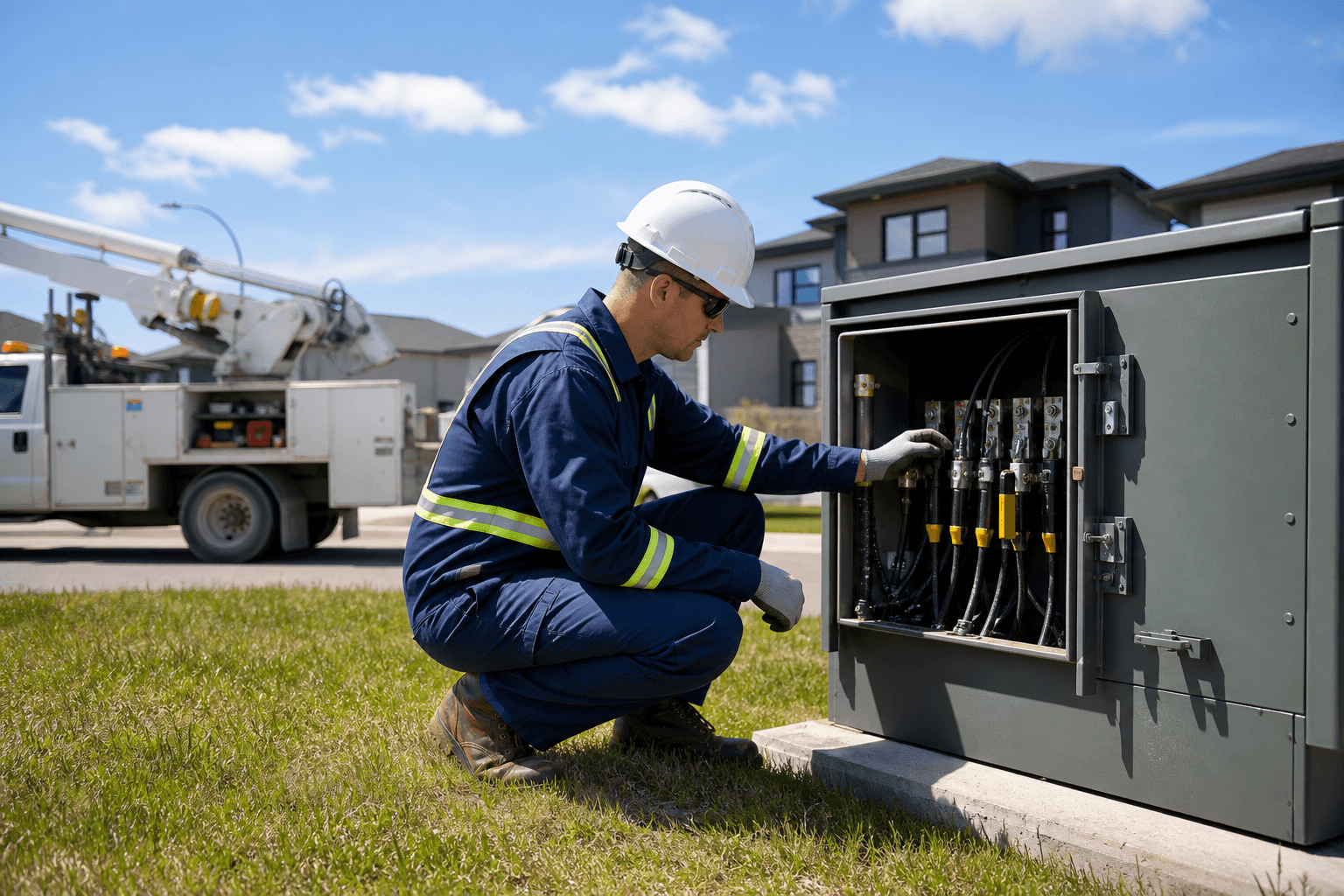 Utility technician inspecting outdoor electrical equipment