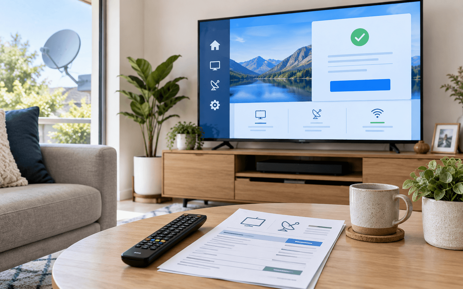 Television account screen and satellite dish for TV billing support