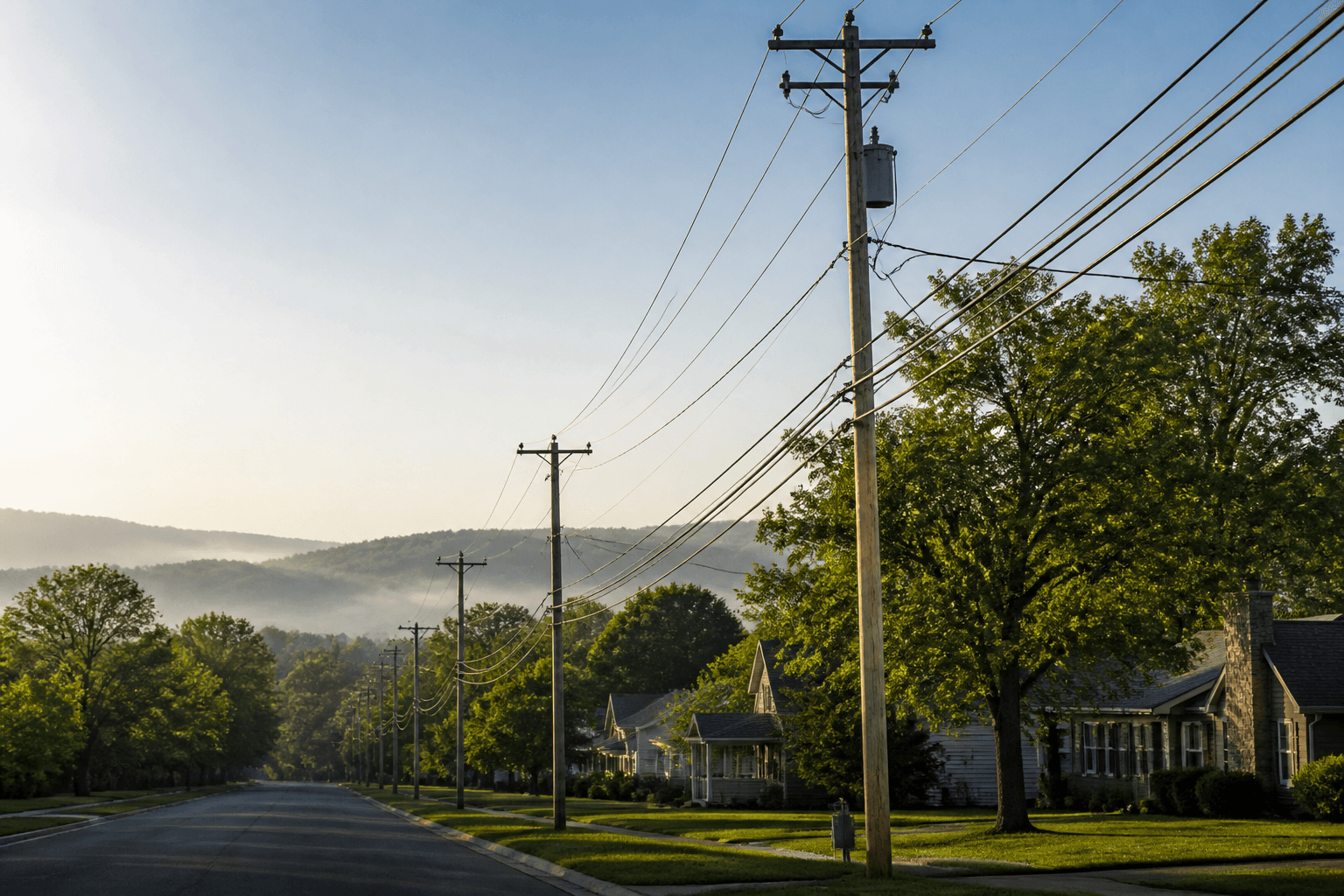 Neighborhood utility poles and power lines in morning light